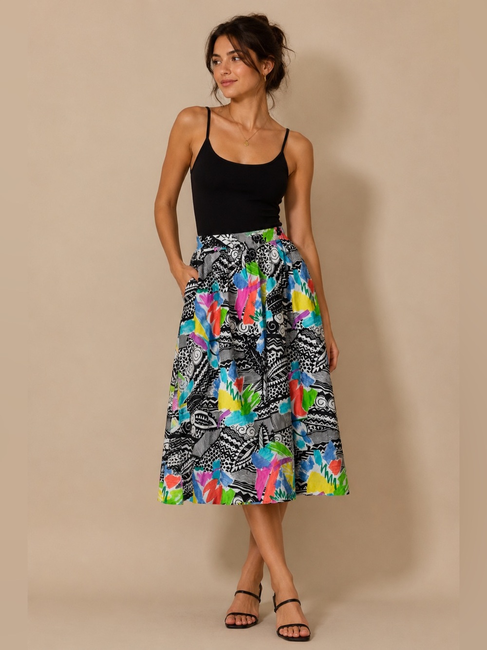 Vintage Abstract Geometric Pleated Midi Skirt Women’s Size 12 Black Multicolor
